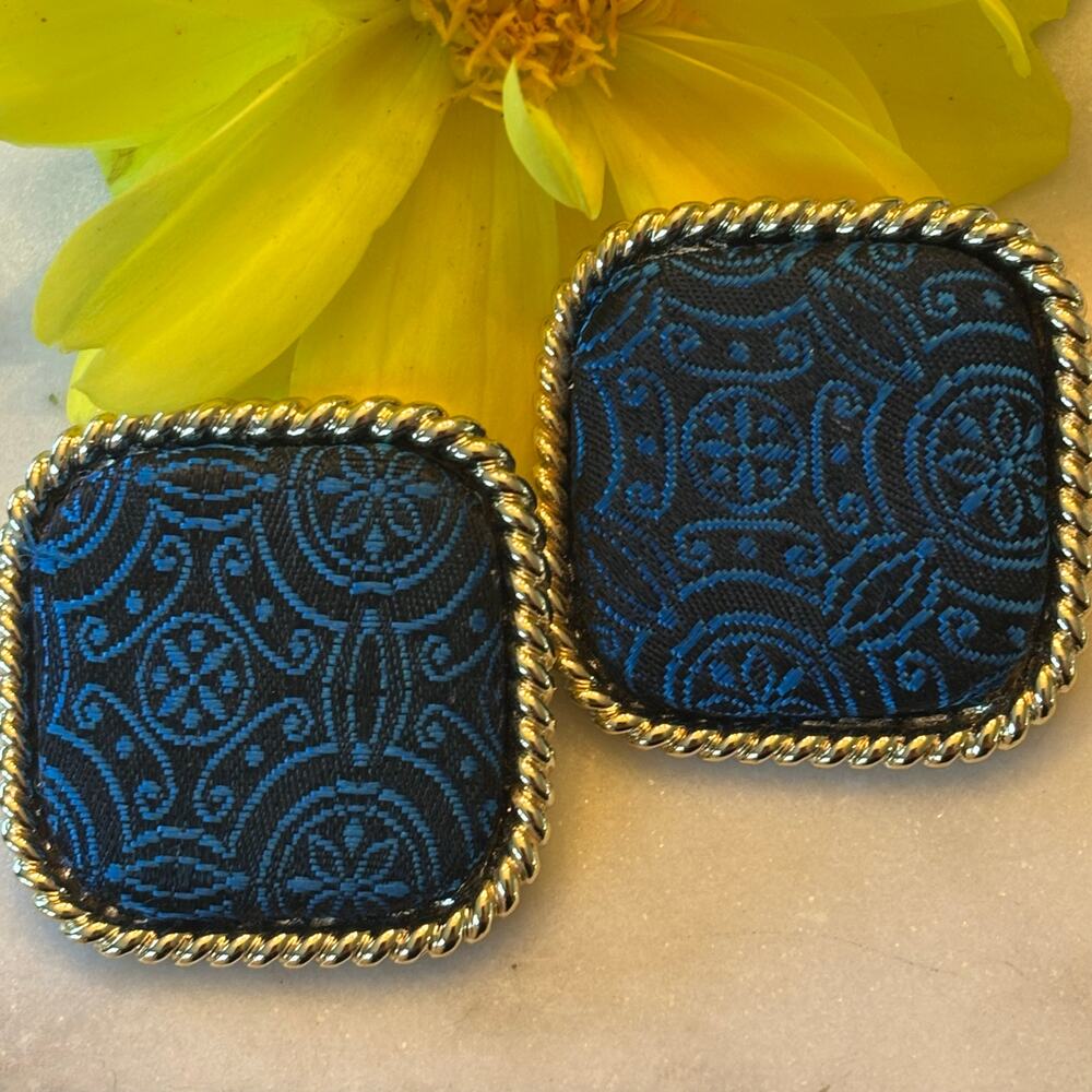 Vintage 1980's Big Blue Fabric Gold Tone Square Clip Earrings